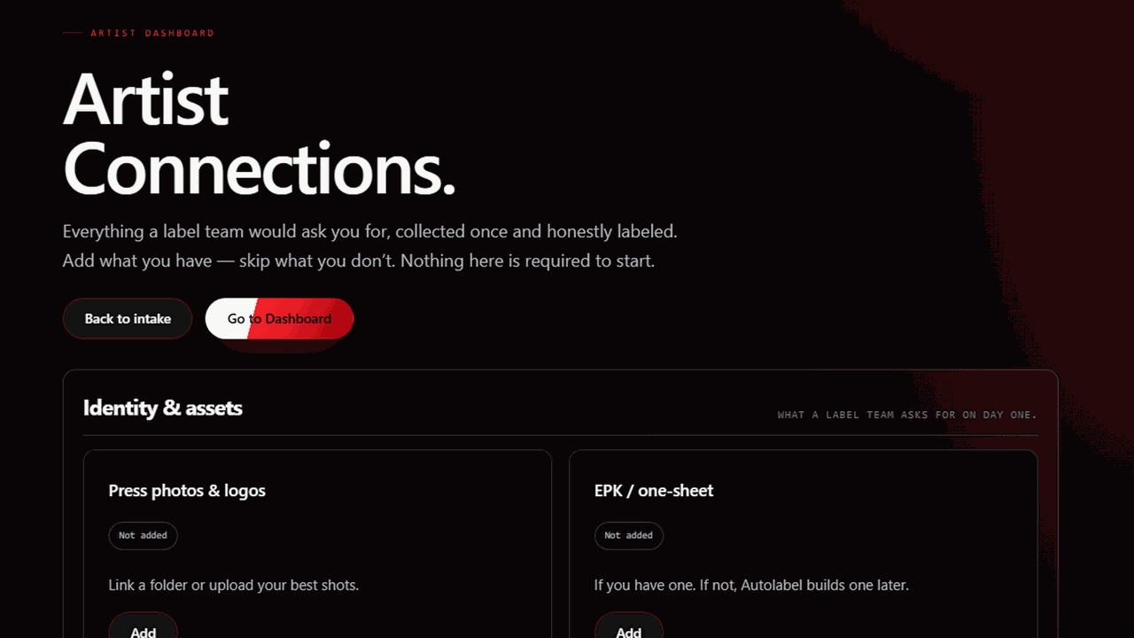 Autolabel Artist Connections hub collecting press assets, catalog, and publishing details