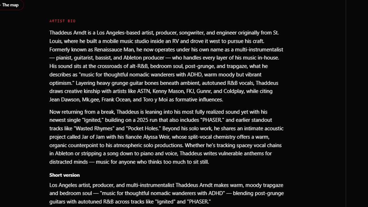 Autolabel Artist Snapshot read view showing a generated long-form artist bio