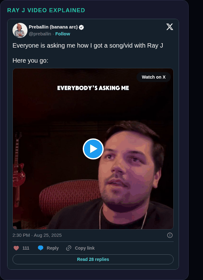 Preballin tweet embed screenshot showing the Ray J video explanation starting frame